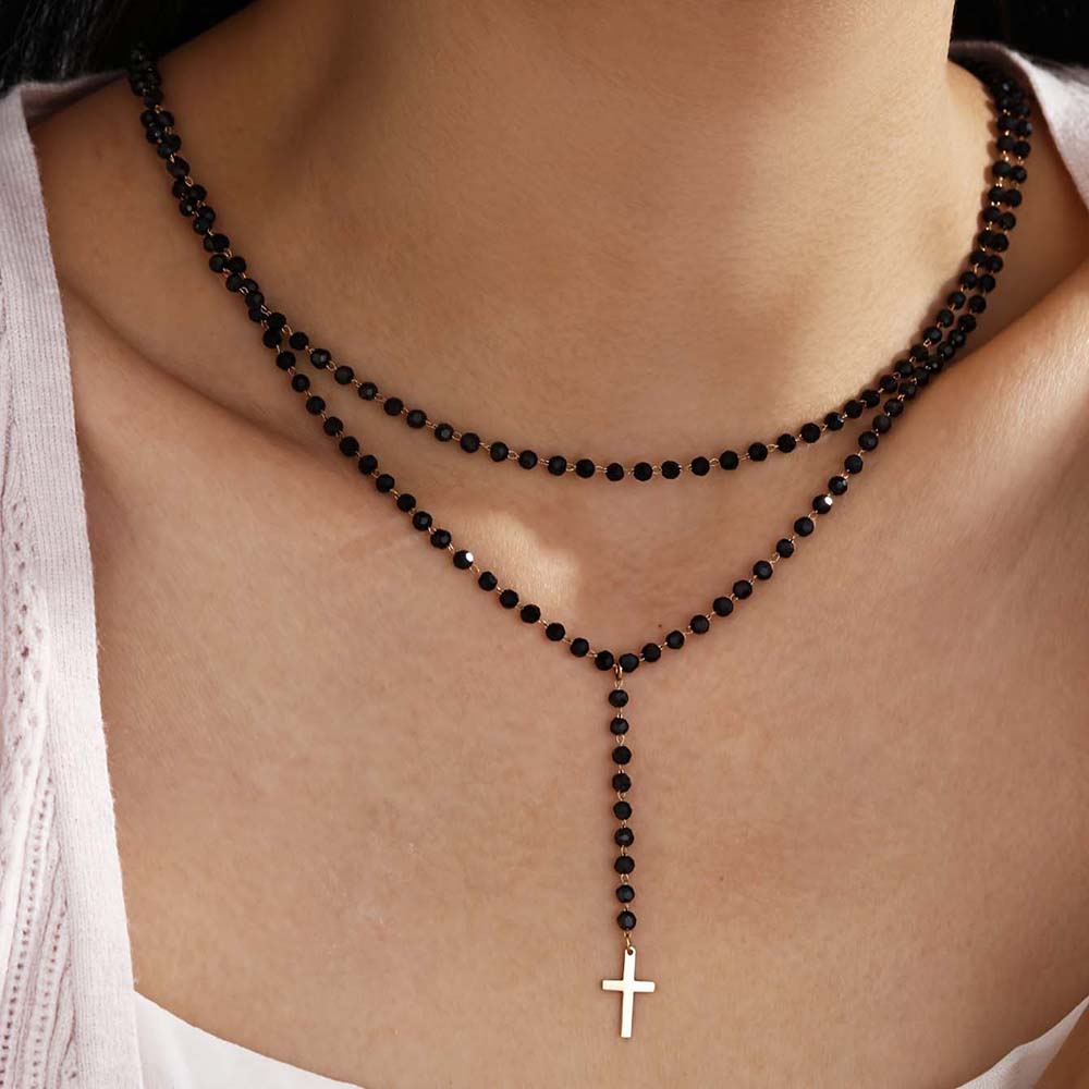 Layered Pendant Necklace Aesthetic - Готическое двухслойное черное ожерелье с кристаллами
