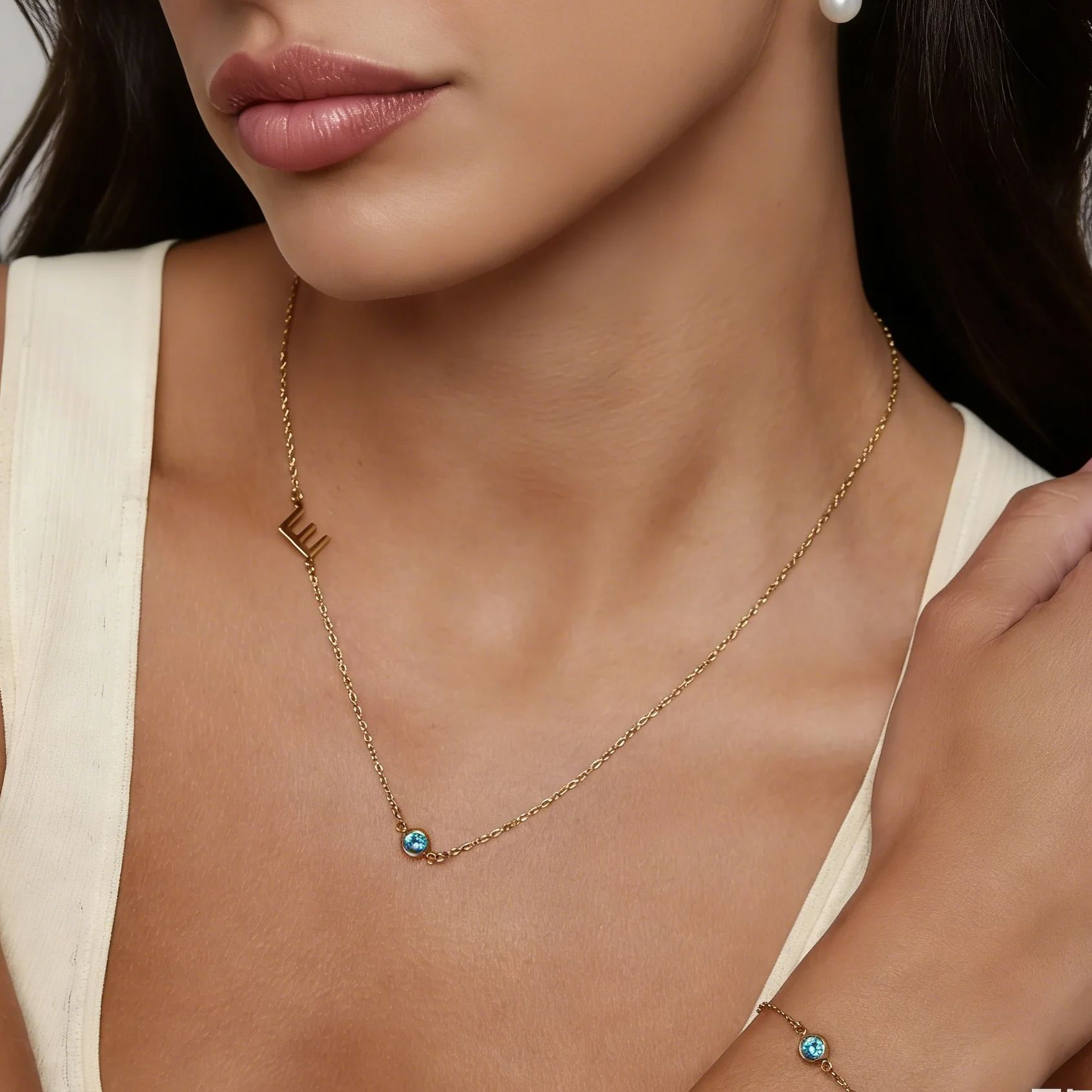 Initial Letter Necklace 18K Gold - Ожерелье с инициалом и камнем рождения,