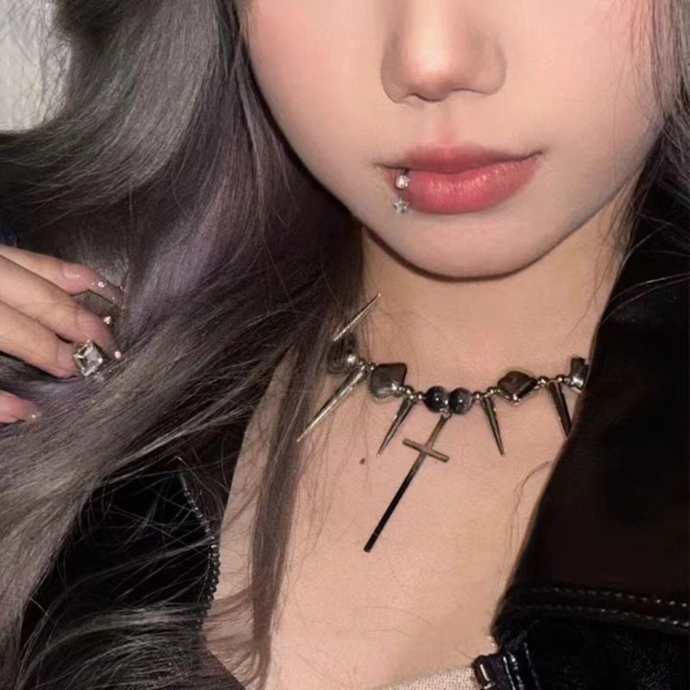 Goth Punk Spike Choker - Ожерелье-чокер Y2K с шипами, крестами, заклепками